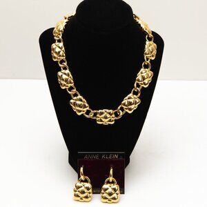 Anne Klein Vintage Necklace Earrings Set Quilted Gold Tone 80s Statement Jewelry